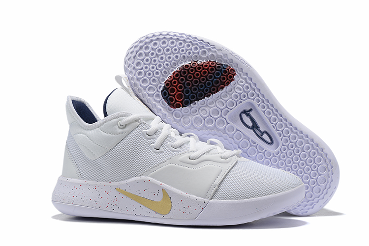 New Nike PG 3 All White Gold Logo Shoes